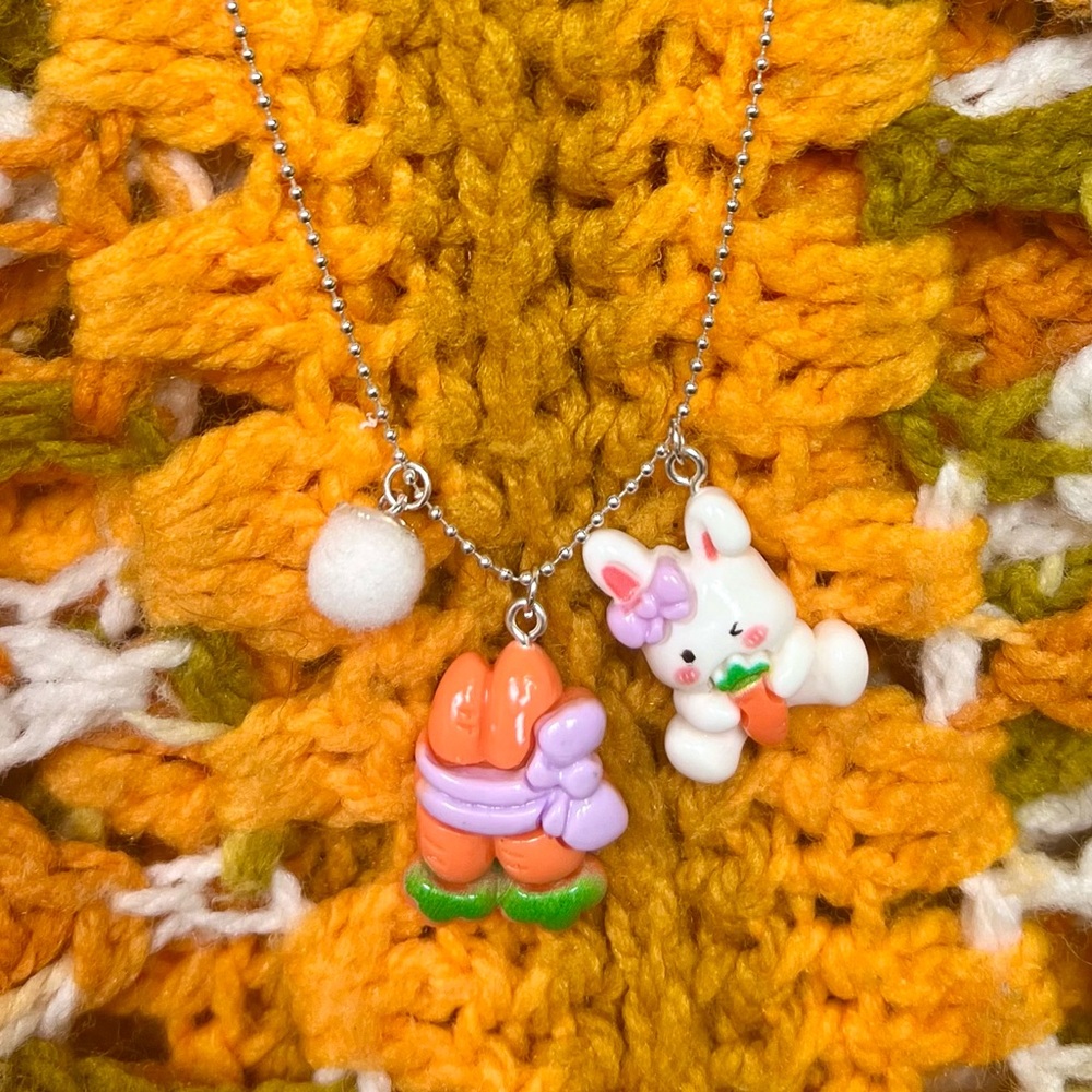 HANDCRAFTED - UPCYCLED 🥕 Bunny & Carrots Multi-Charm Necklace